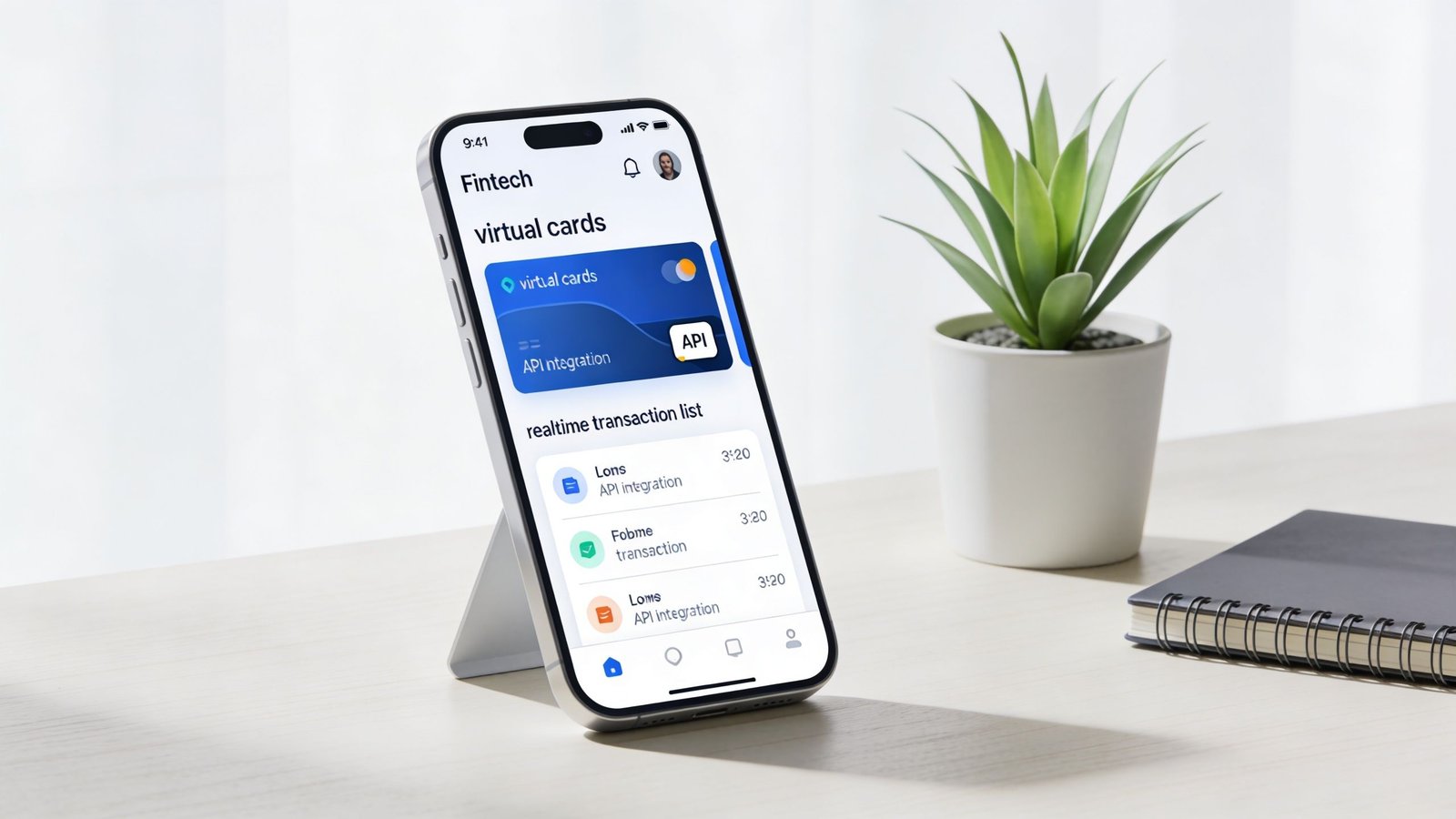 A smartphone showcasing a fintech mobile application with virtual card settings and a realtime transaction list interface.