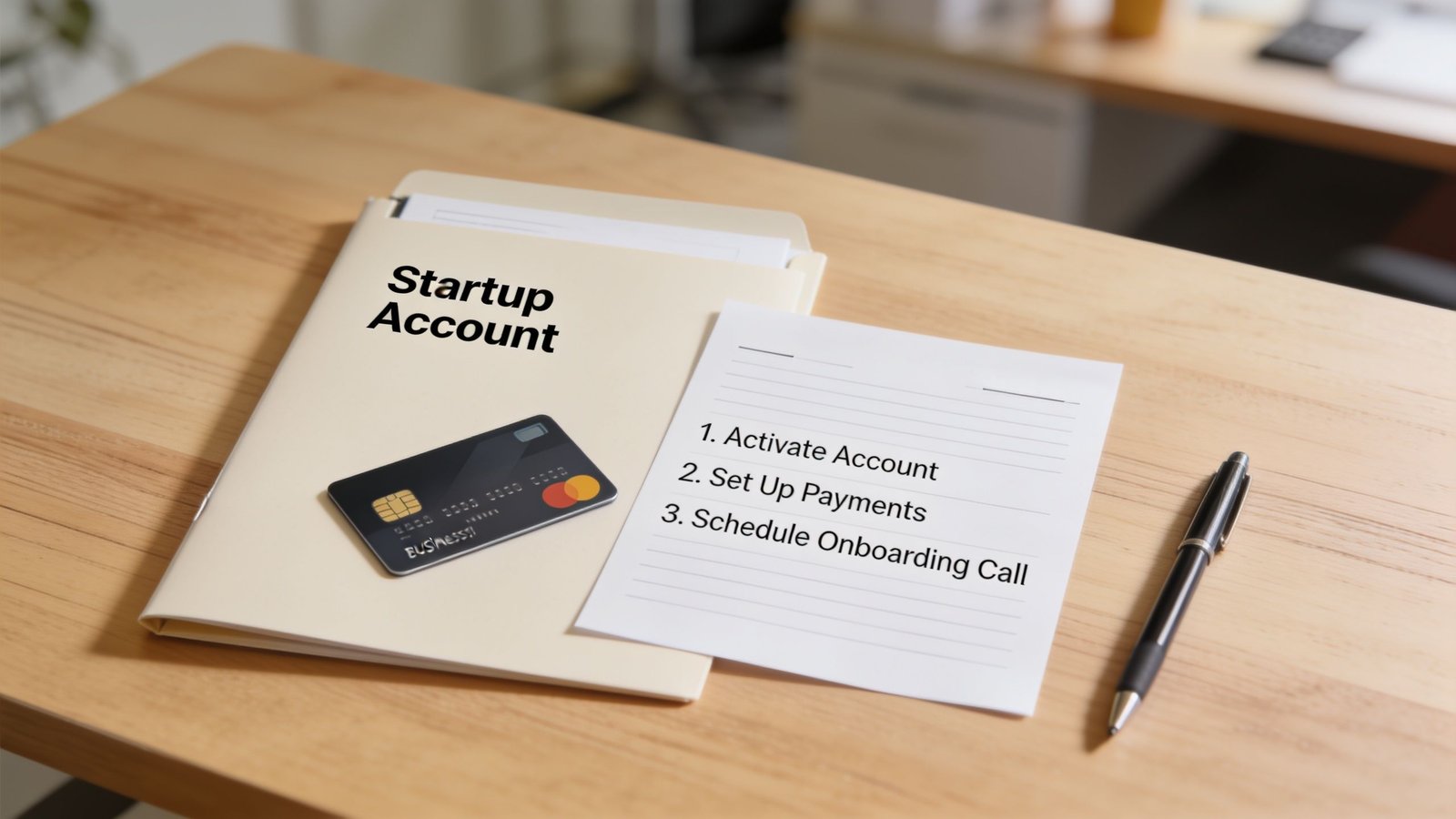 A document titled Startup Account with a business card and a checklist on a wooden office desk.