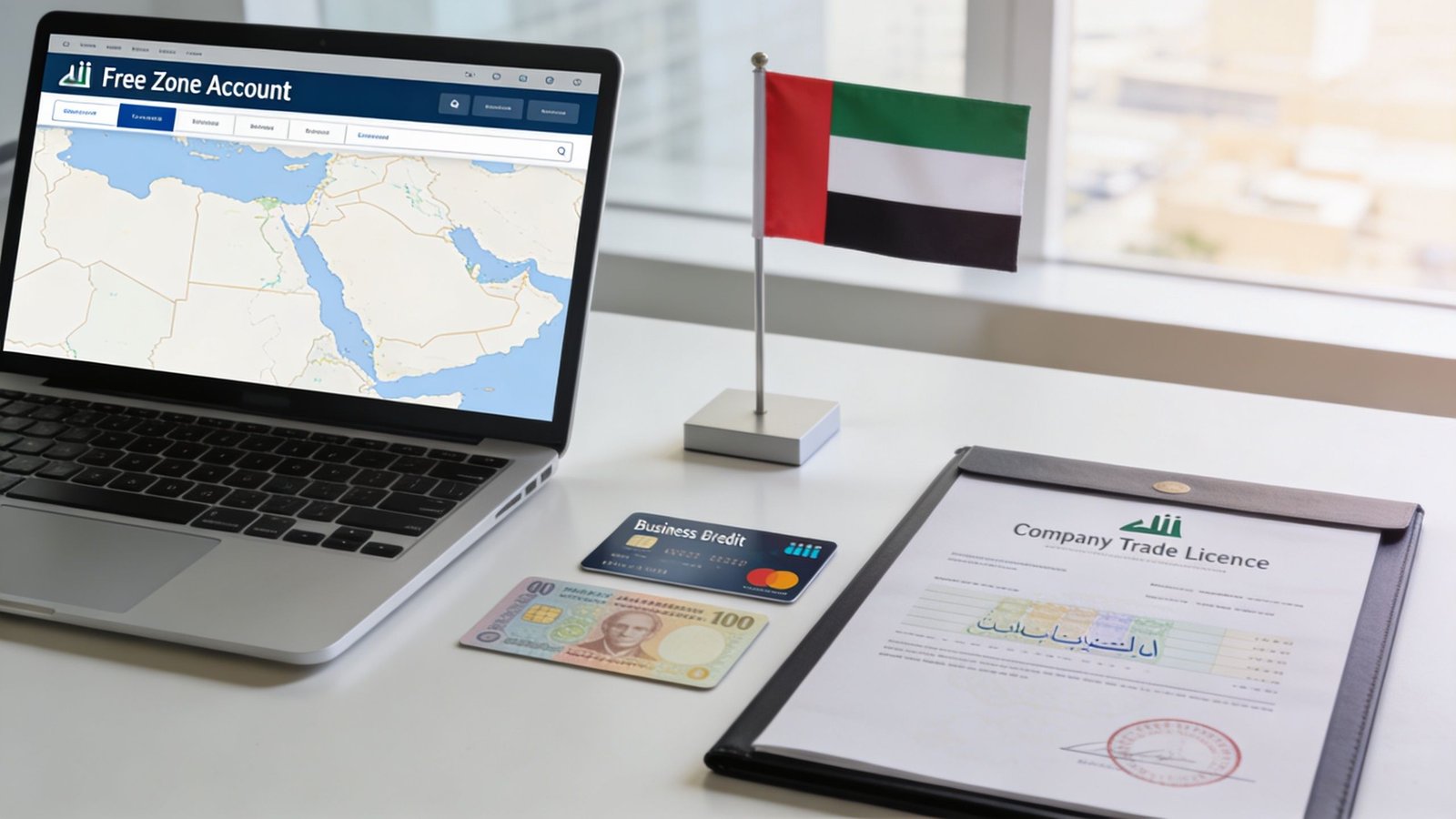 A laptop, UAE flag, credit card, currency, and company trade license displayed on a clean office desk.