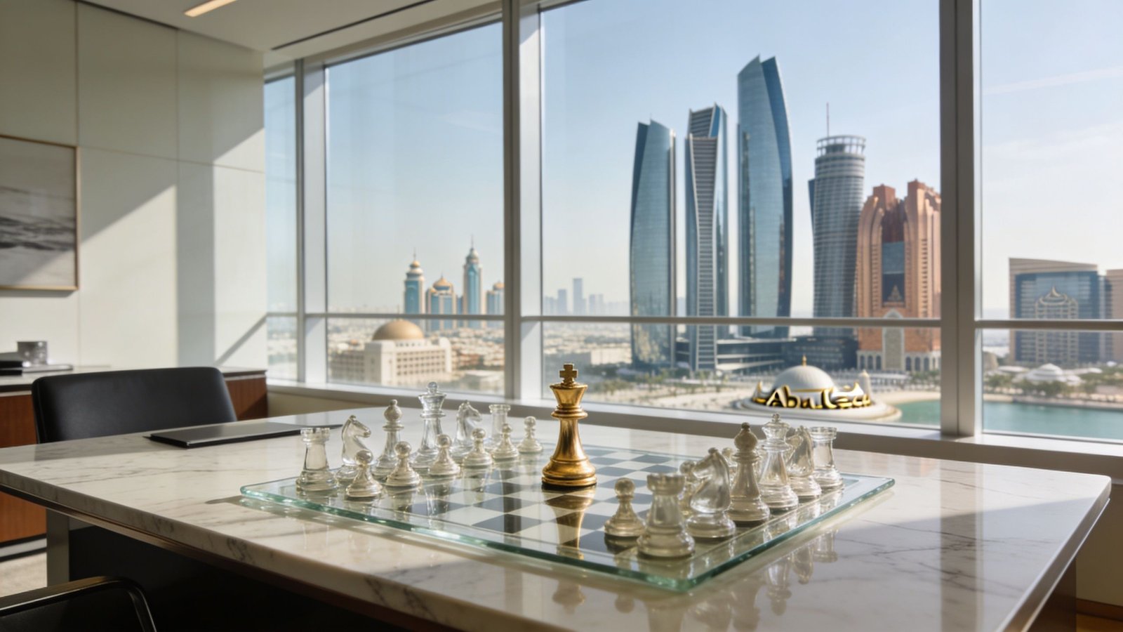 A golden king chess piece on a glass board overlooking the modern Abu Dhabi skyline.