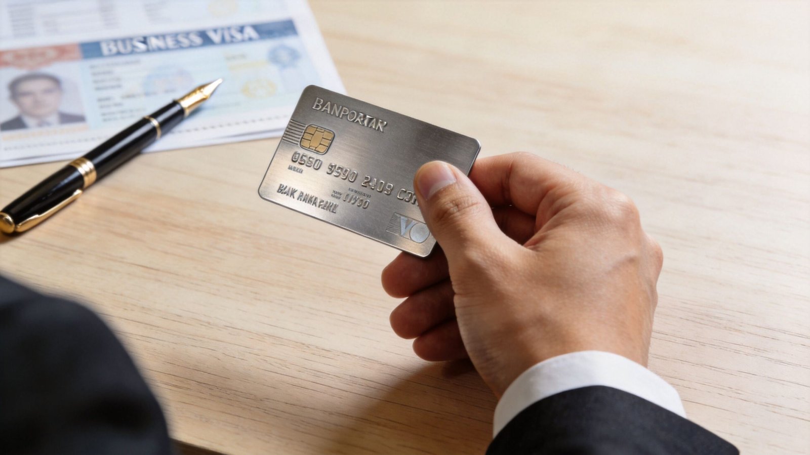 A businessman holds a credit card while a business visa document and a pen sit on the table.