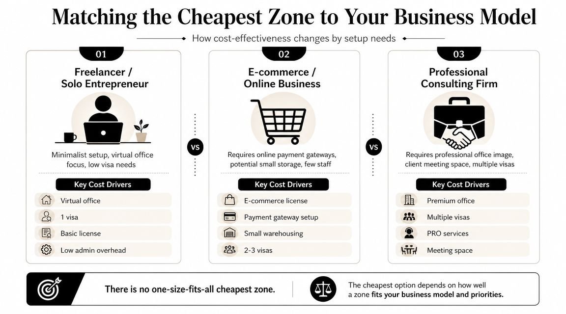 A comparison infographic showing how to select the most cost-effective business zone based on specific startup needs.