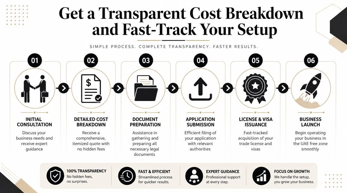 A six-step infographic detailing a transparent and fast business setup process in UAE free zones.