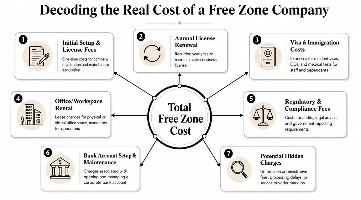 A diagram outlining the seven key financial components that determine the total cost of a UAE free zone company.