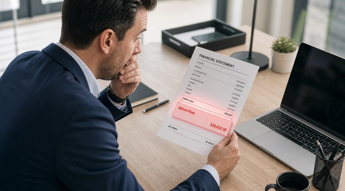 A concerned businessman reviewing a financial statement document at his desk in a modern office.