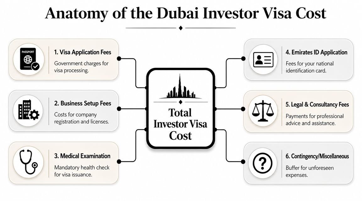 A diagram breaking down the six key components comprising the total cost of a Dubai investor visa.
