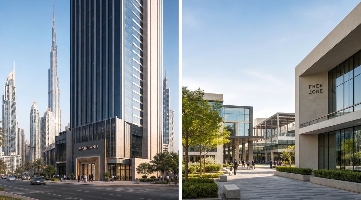 A split-screen view of modern commercial buildings in Dubai, featuring business infrastructure and urban architecture.