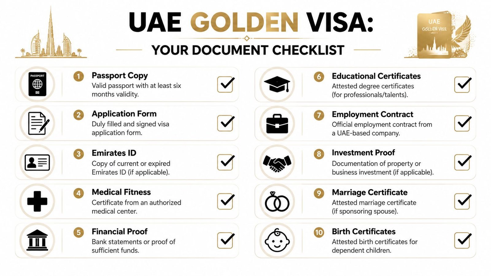 A comprehensive ten-point checklist for applying for a UAE Golden Visa including required documents and information.