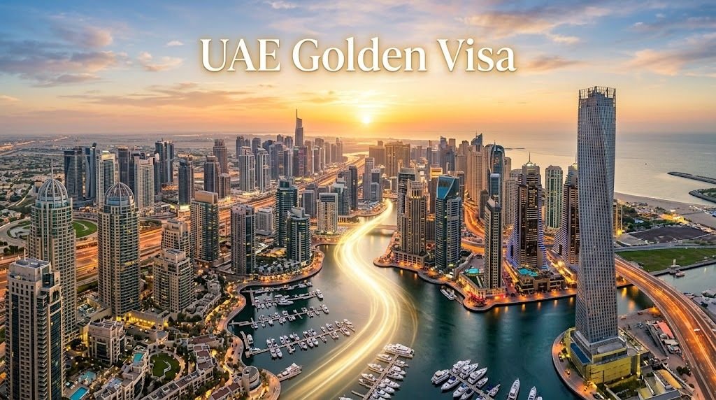 An aerial view of the Dubai Marina skyline at sunset highlighting luxury urban living in the UAE.