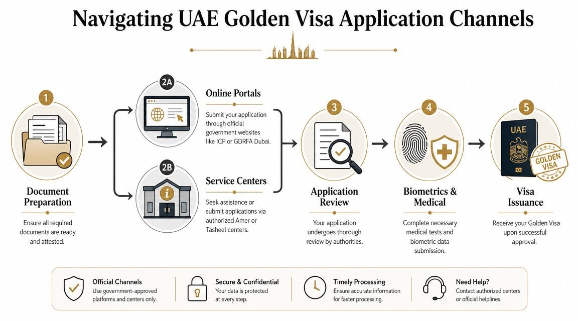An infographic detailing the five-step process to apply for a UAE Golden Visa through official government channels.