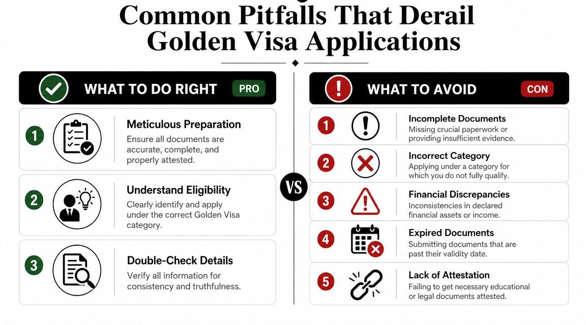 A comparison chart showing best practices versus common mistakes to avoid when applying for a Golden Visa.