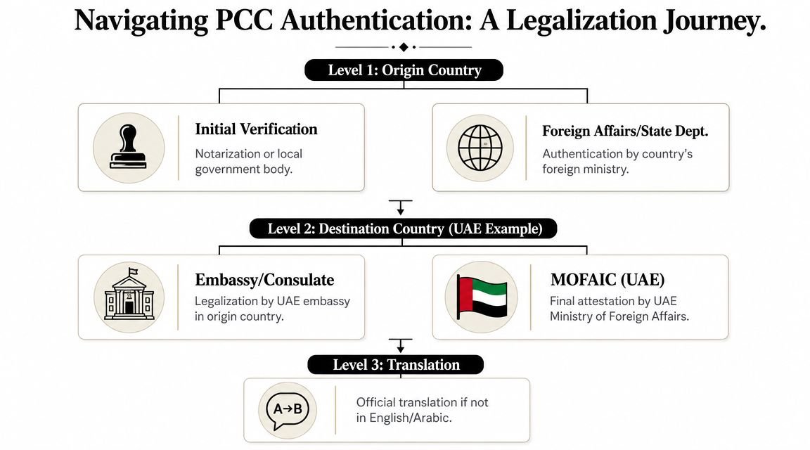 A diagram illustrating the step-by-step process of legalizing a police clearance certificate for use in the UAE.