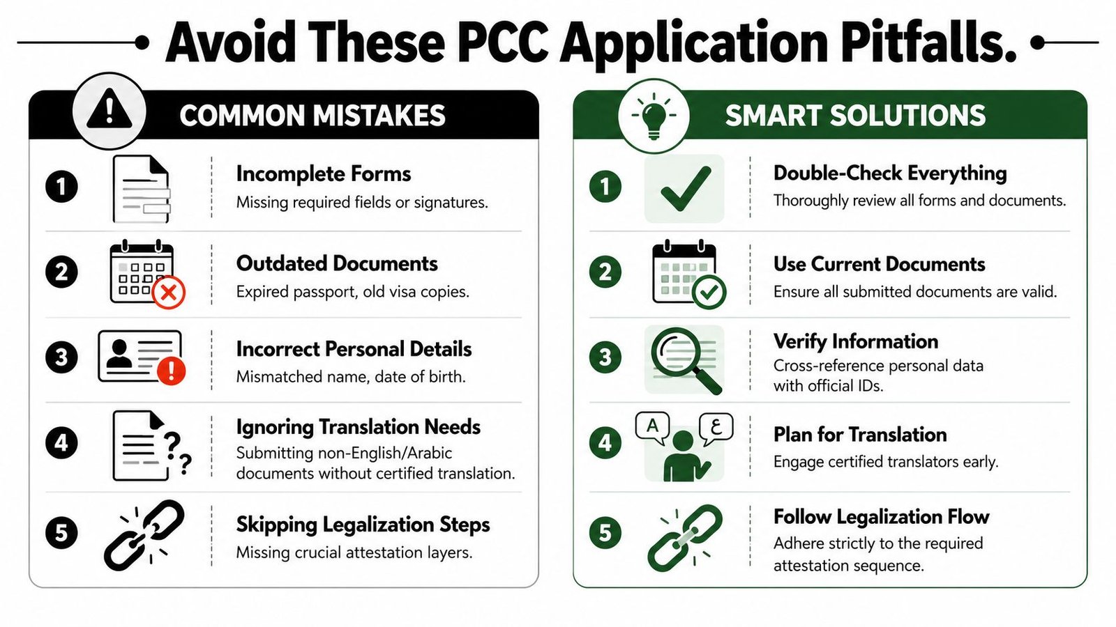 An infographic detailing common mistakes and smart solutions for a Police Clearance Certificate application process.
