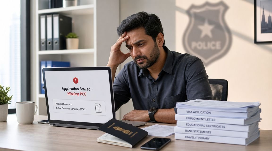 A man looking stressed while working on his laptop, which displays a missing police clearance certificate notification.