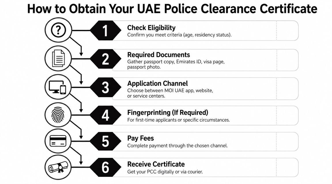 A six-step infographic guide detailing the process for obtaining a UAE police clearance certificate.
