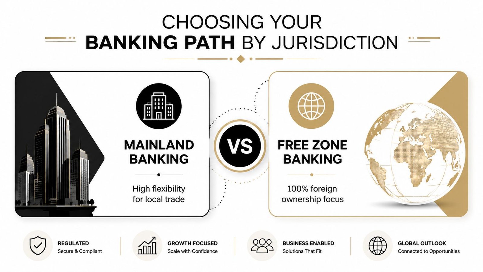 A comparison chart showing the differences between mainland banking and free zone banking for business entities.