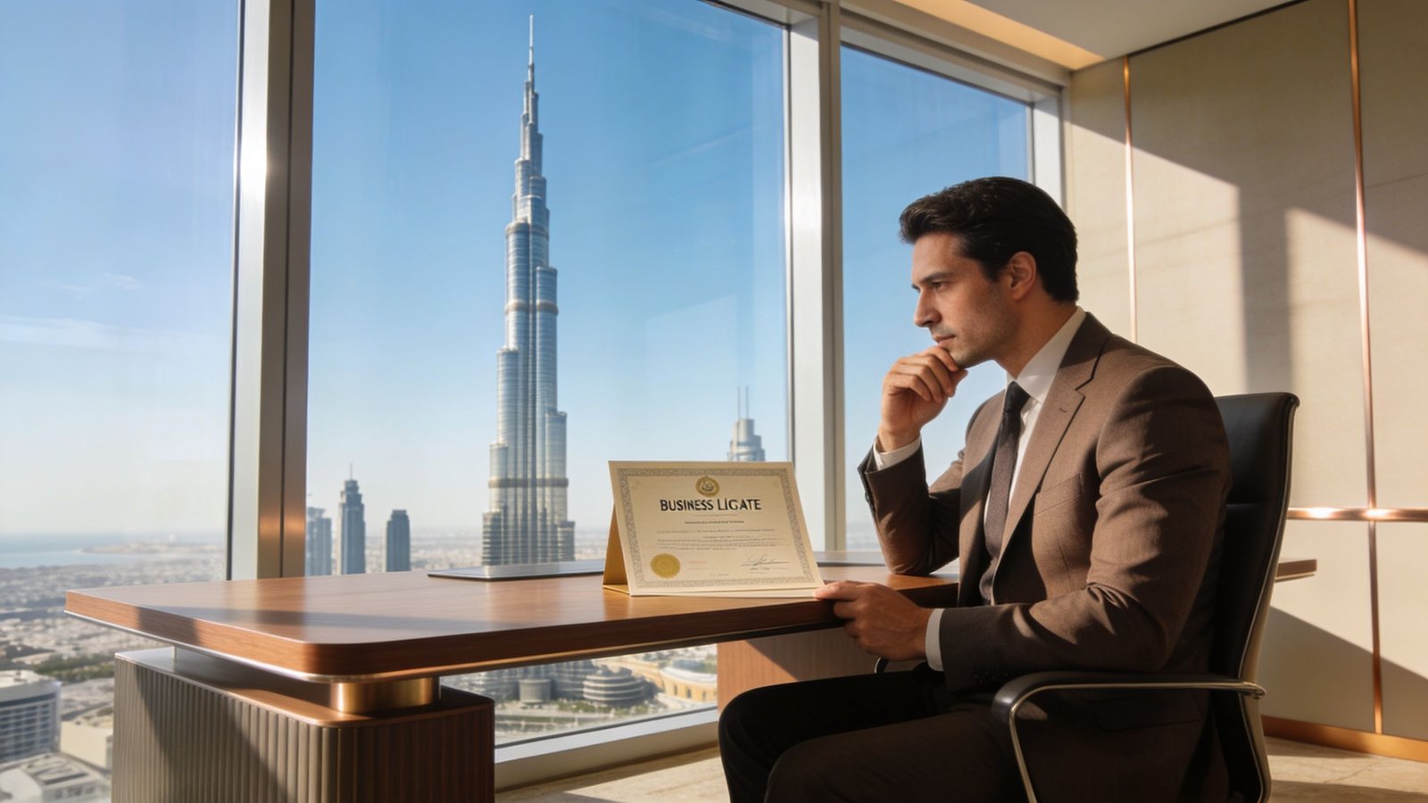 A professional businessman sits in an office overlooking the Burj Khalifa with a business certificate.