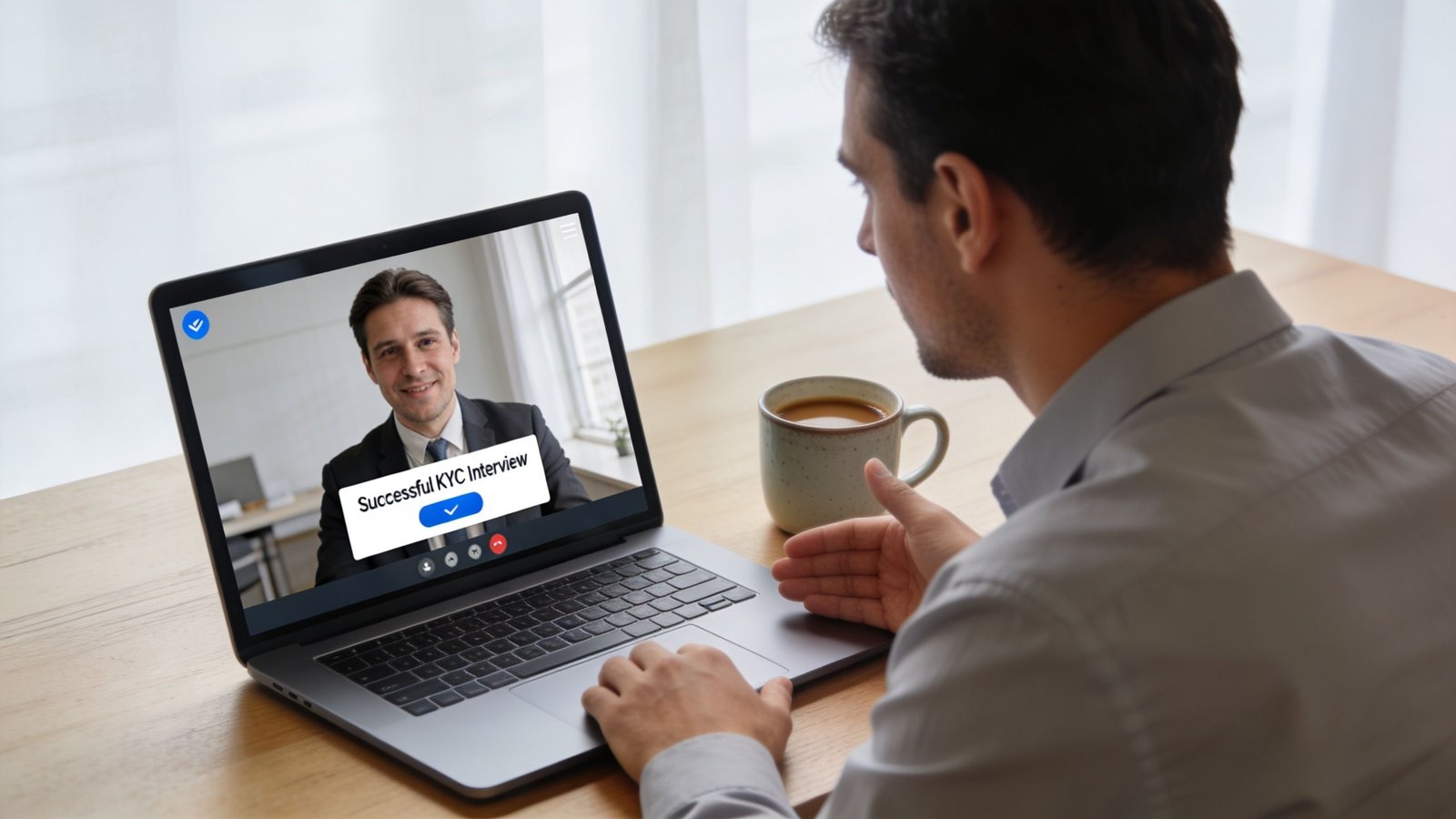 A man participates in a video call on his laptop for a successful KYC bank account interview.