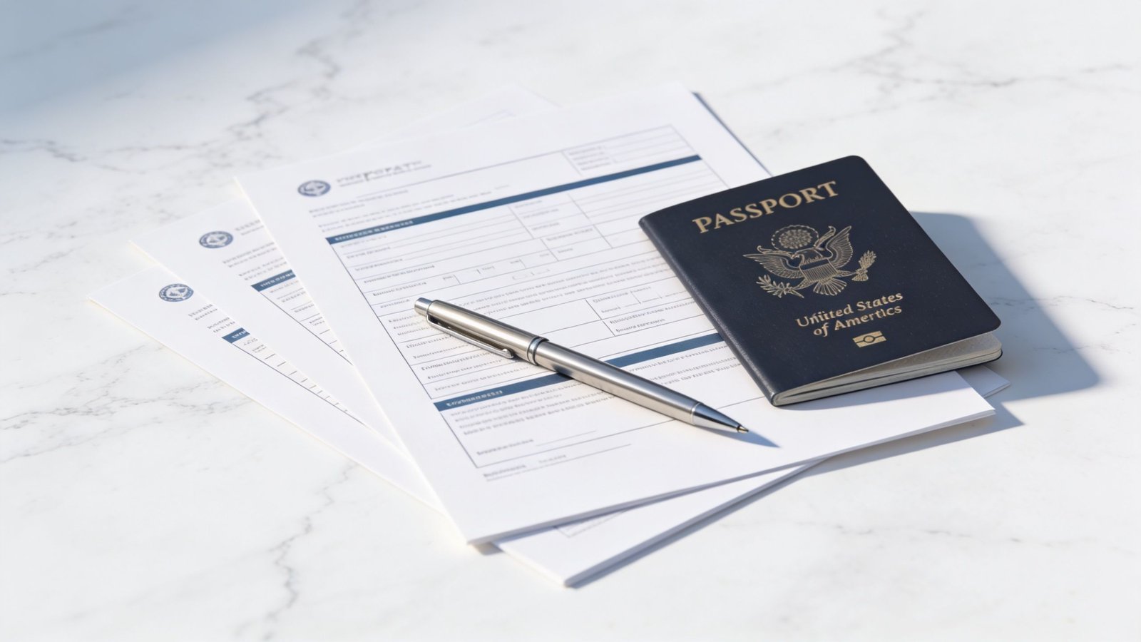 A United States passport and a silver pen rest on top of stacked immigration or bank forms.