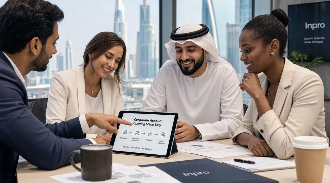 A professional team discussing corporate account opening processes while viewing a tablet screen in a bright office.