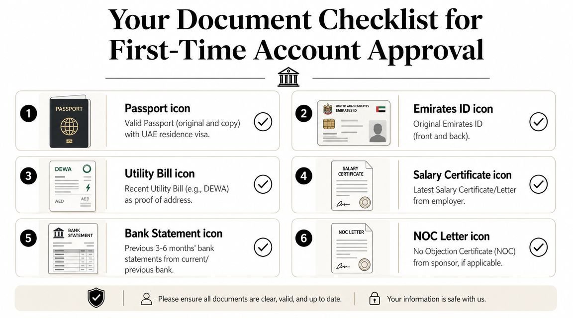 A checklist for first-time bank account approval listing required documents like passport, Emirates ID, and salary certificate.
