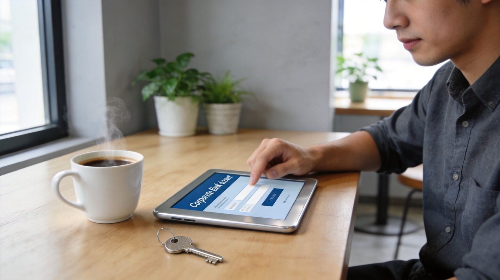 A person using a tablet to log into a corporate bank account in a cafe setting.