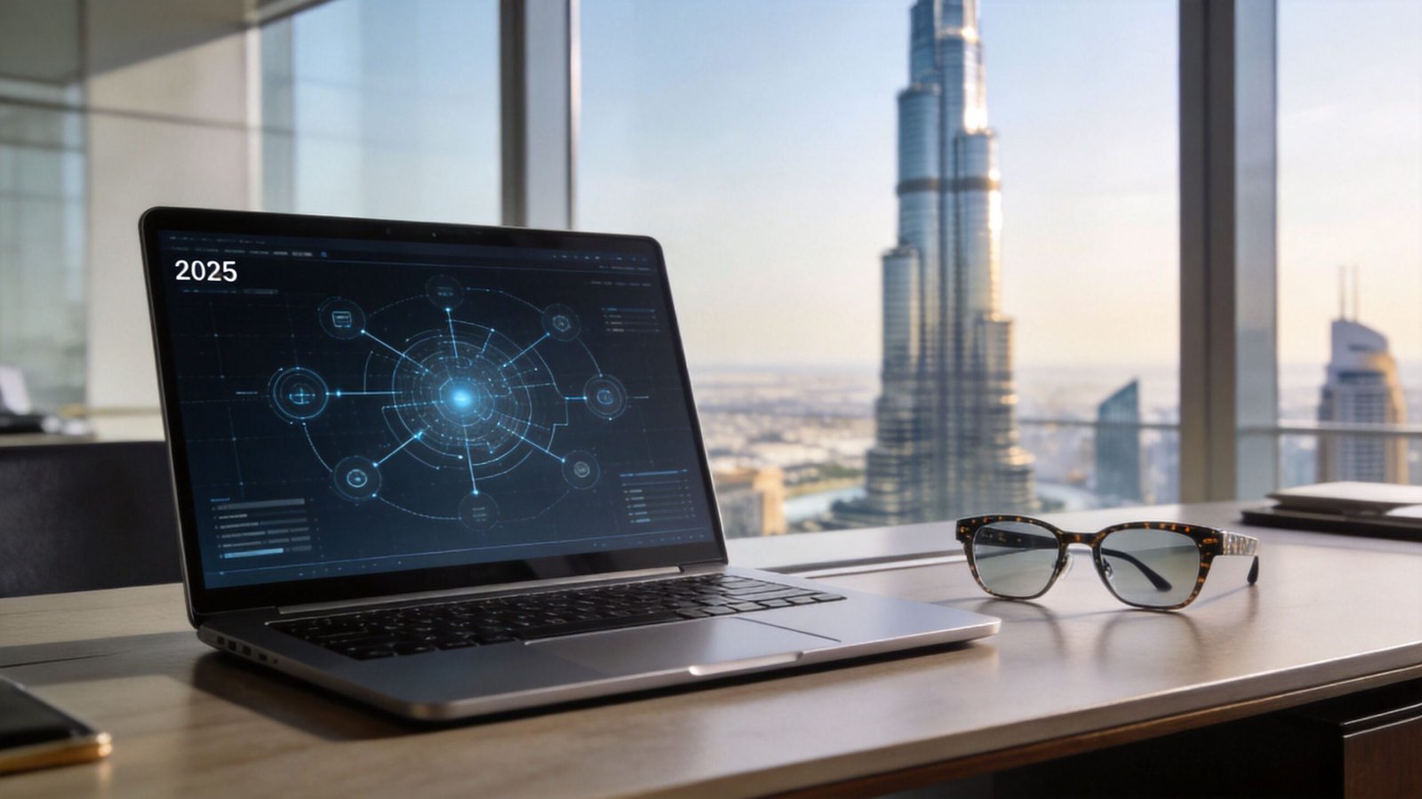 A modern laptop displaying business data analytics with a blurred view of the Burj Khalifa in Dubai.