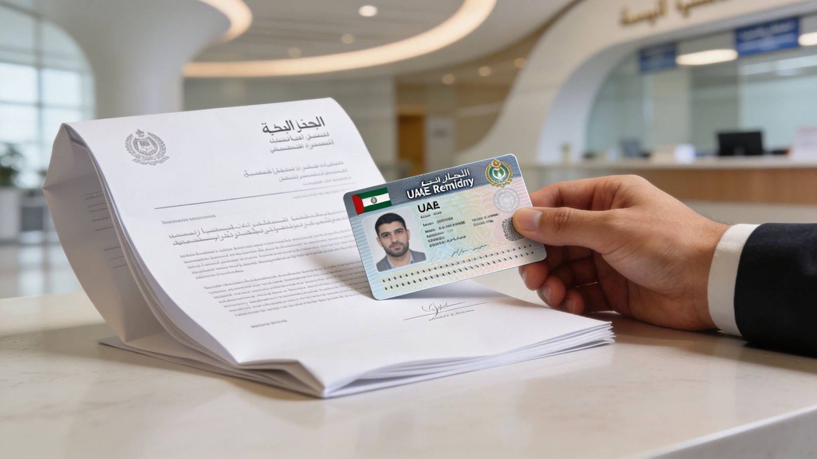 A professional hand holding a UAE identification card over official business paperwork at an office desk.
