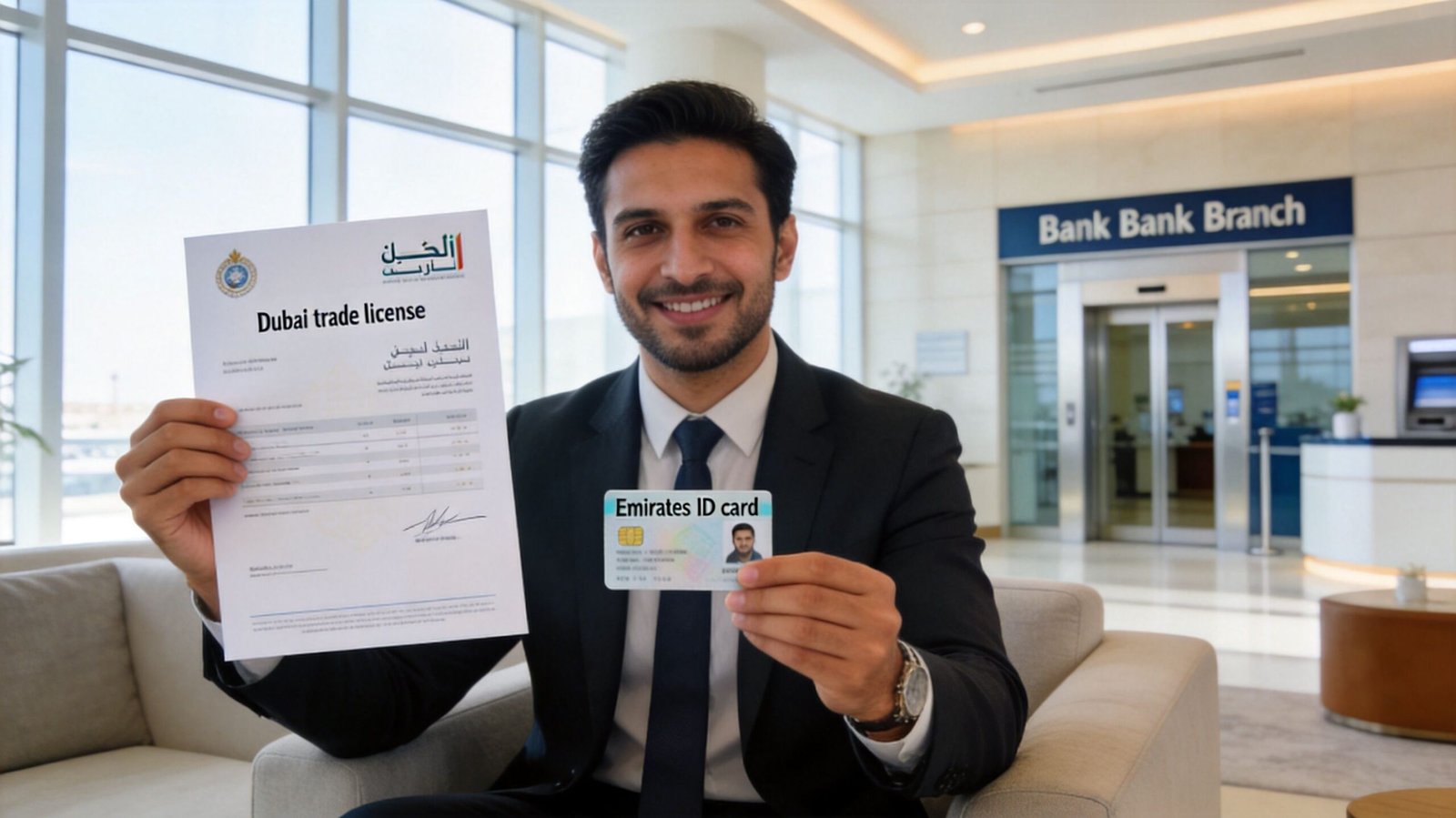 A professional man in a suit holding his Dubai trade license and Emirates ID card in a bank.