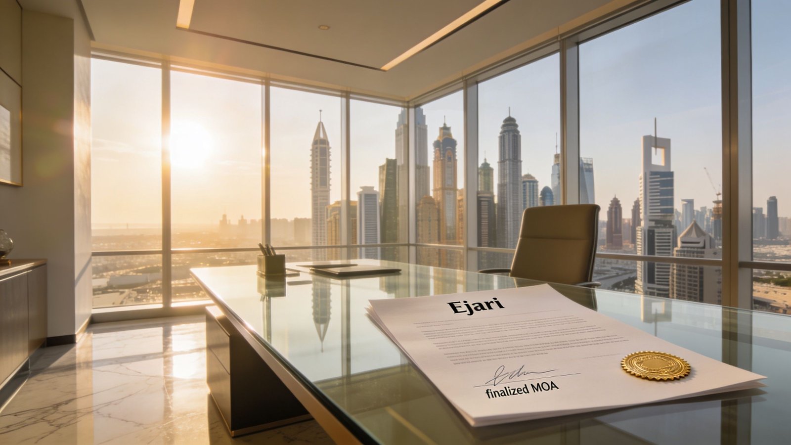 A professional executive office overlooking a sunny Dubai cityscape with a signed Ejari document on the desk.