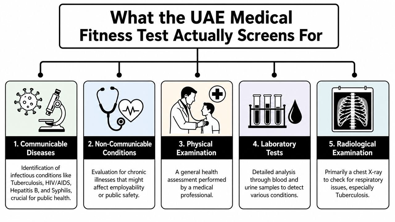 An infographic detailing the five components of the UAE medical fitness test for residency applicants.