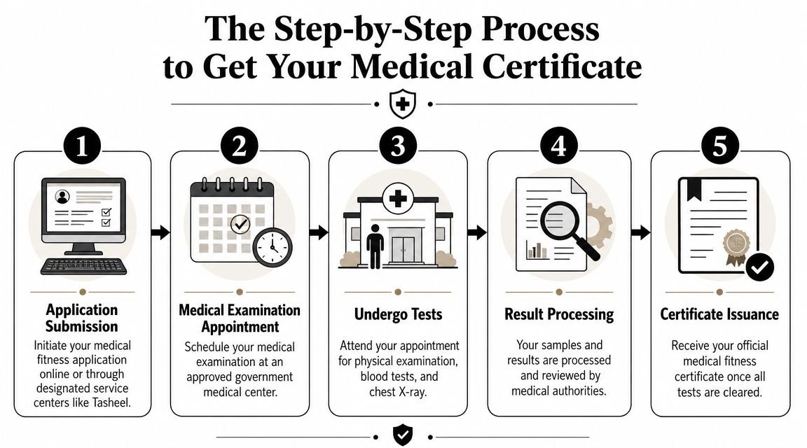 A five-step infographic showing the process to obtain a medical fitness certificate from application to issuance.