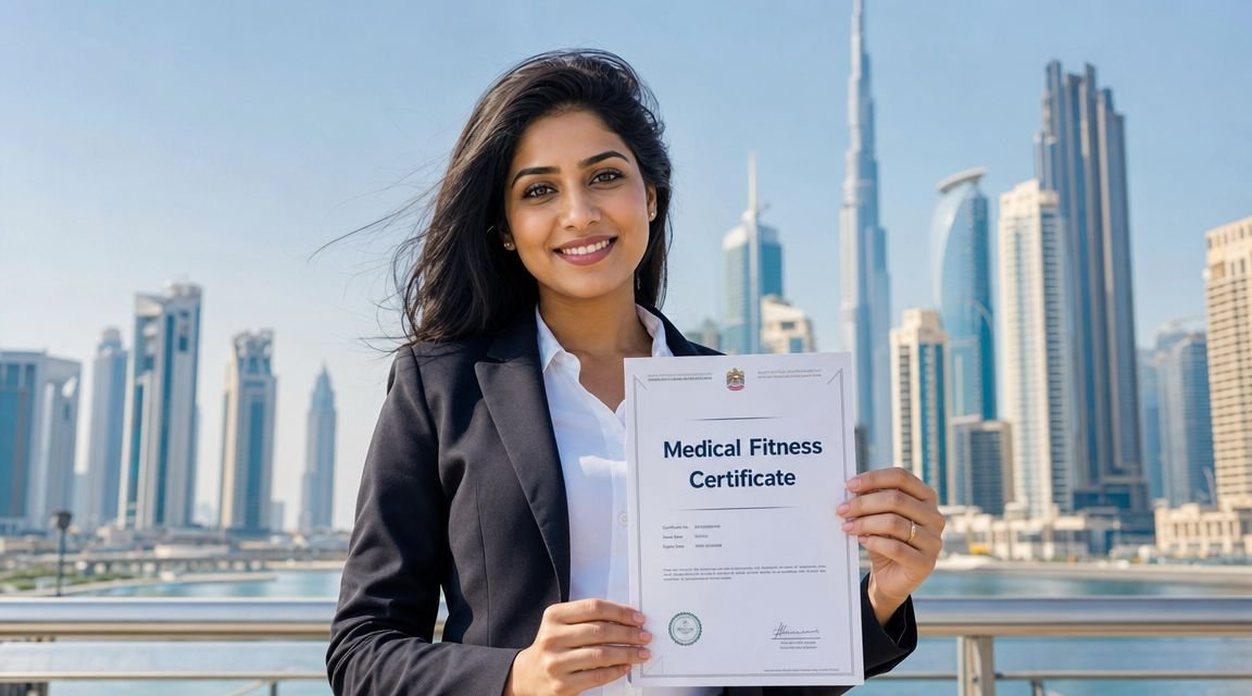 A professional woman holding a Medical Fitness Certificate in front of the Dubai city skyline.