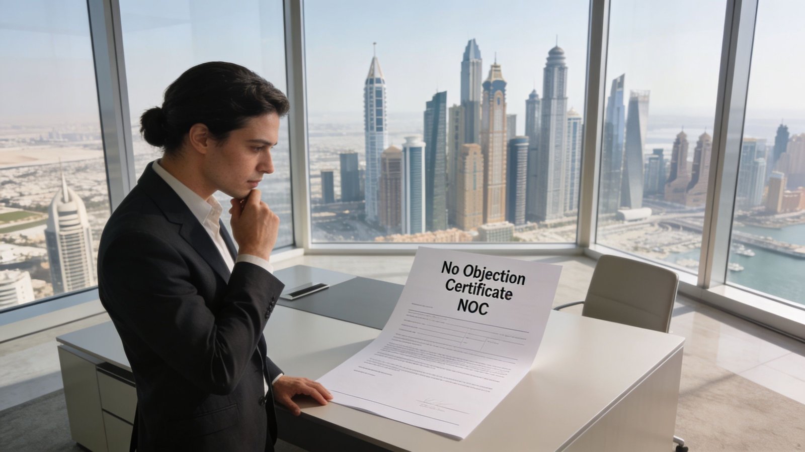 A professional man in a suit looking at a No Objection Certificate document in a Dubai office.