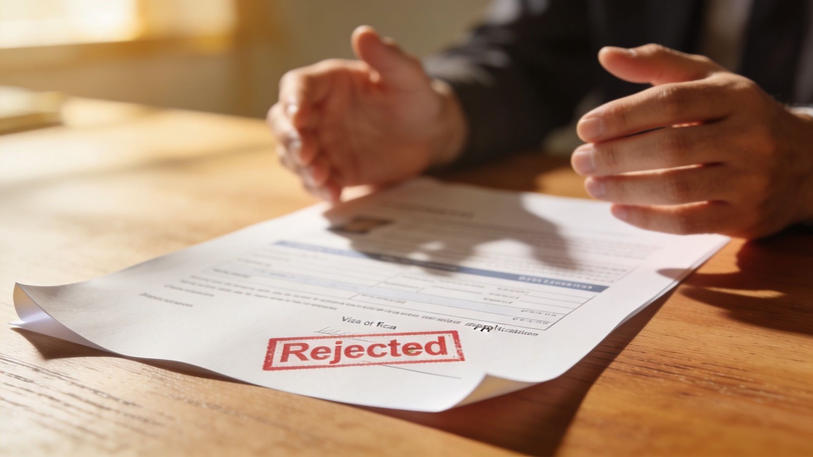 A close-up view of a visa application document with a red rejected stamp on a wooden desk.