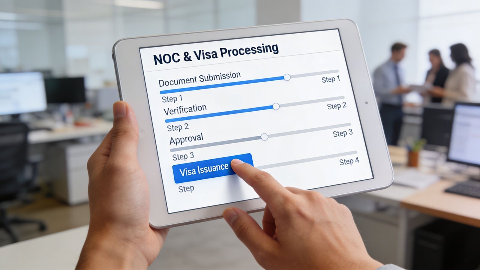 A person using a tablet to follow a step-by-step NOC and visa processing procedure in an office.