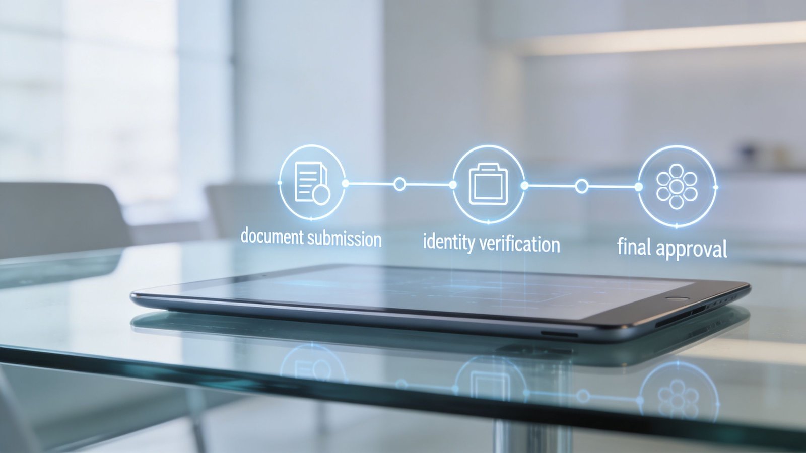 A digital interface on a tablet screen showing the steps for document submission, identity verification, and final approval.
