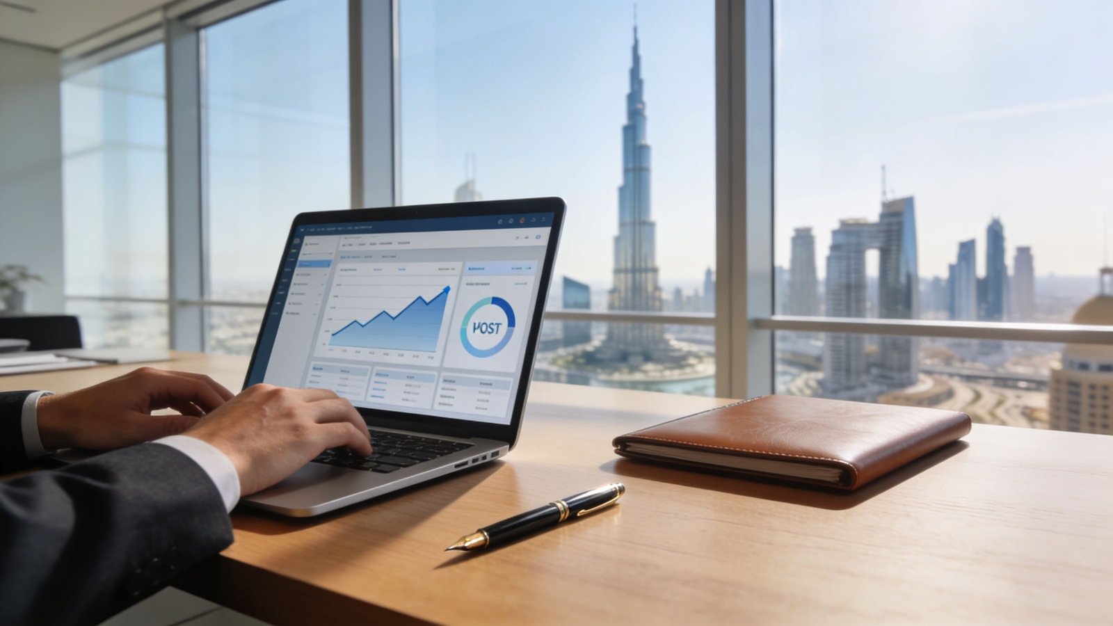 A professional analyzing financial data on a laptop in a Dubai office overlooking the Burj Khalifa.