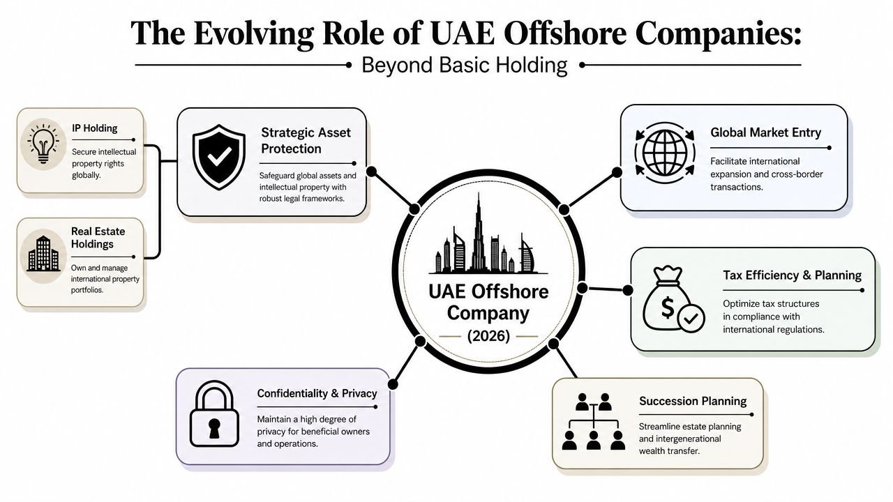 A diagram illustrating the benefits and evolving roles of a UAE offshore company in 2026.