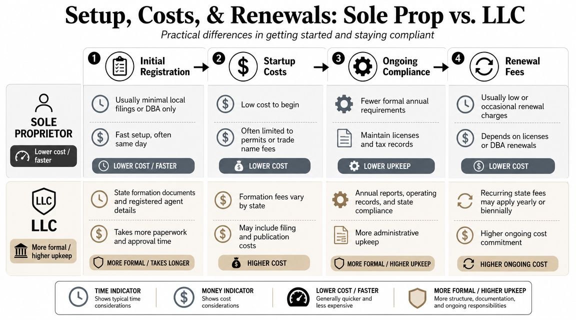 A comparison chart outlining the setup, costs, and renewal differences between a sole proprietorship and an LLC.