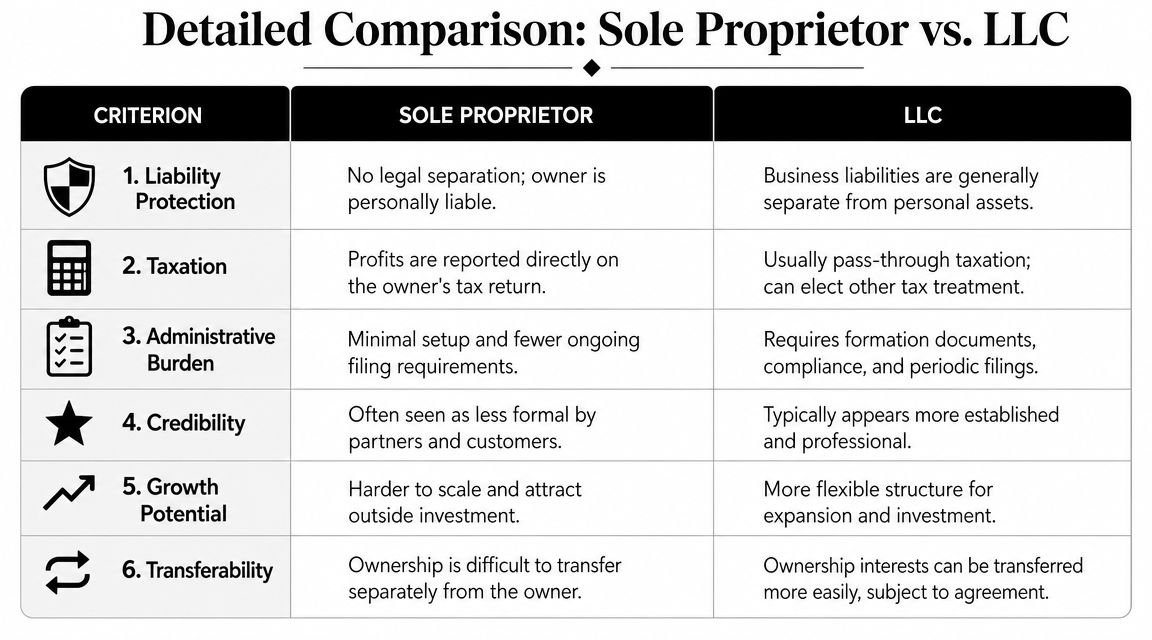 A comparison table outlining six key differences between a sole proprietorship and an LLC business structure.