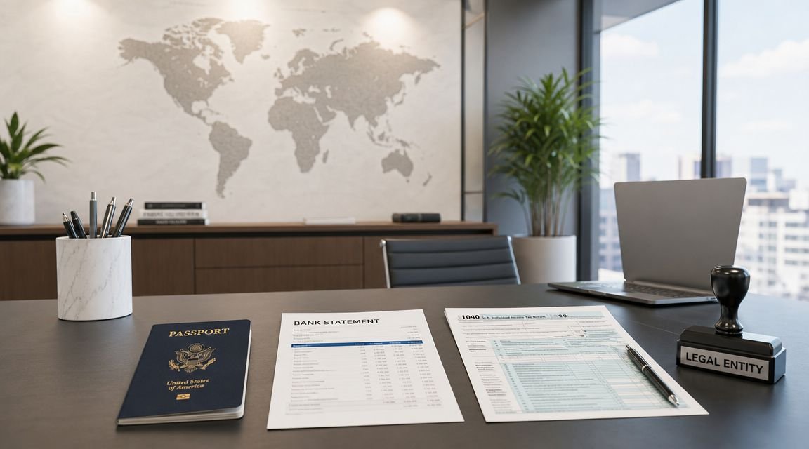 A professional desk workspace featuring a passport, bank statement, tax form, and a legal entity stamp.