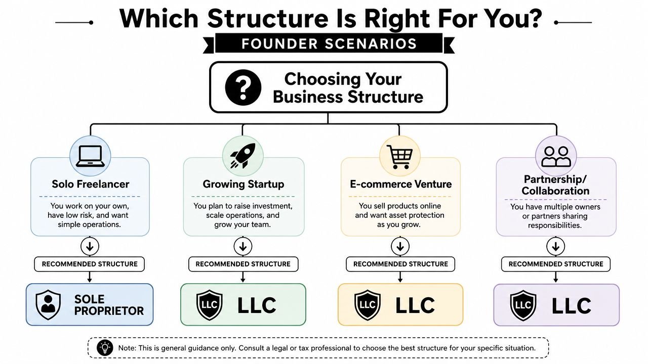 A flowchart guide comparing business structures to help founders choose between a sole proprietorship and an LLC.
