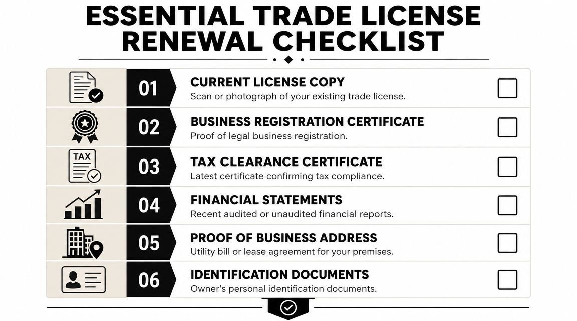 A checklist for trade license renewal featuring six essential documents required for business compliance and verification.