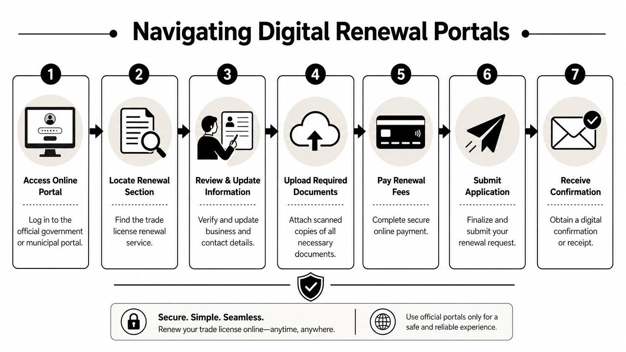 A step-by-step infographic illustrating the process of renewing a trade license through a digital government portal.