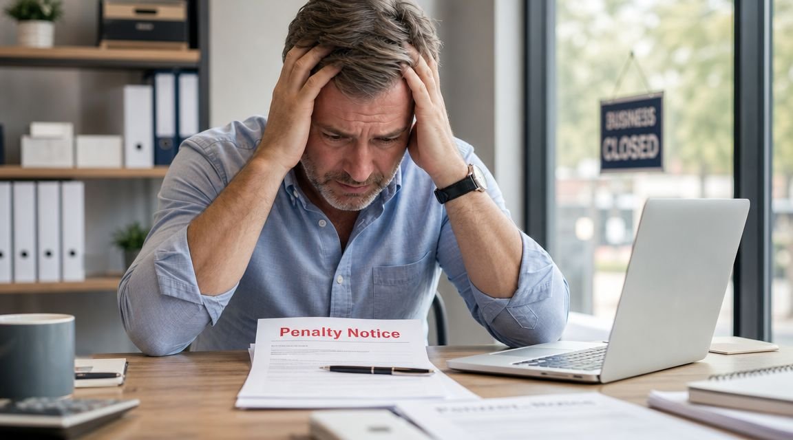 A stressed man sitting at an office desk looking at a penalty notice document with his head in hands.