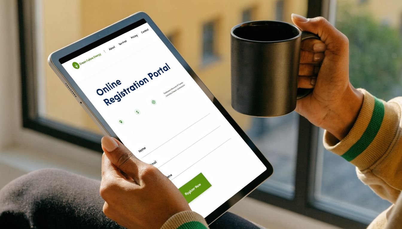 A person holding a digital tablet displaying an online registration portal form with a coffee cup.