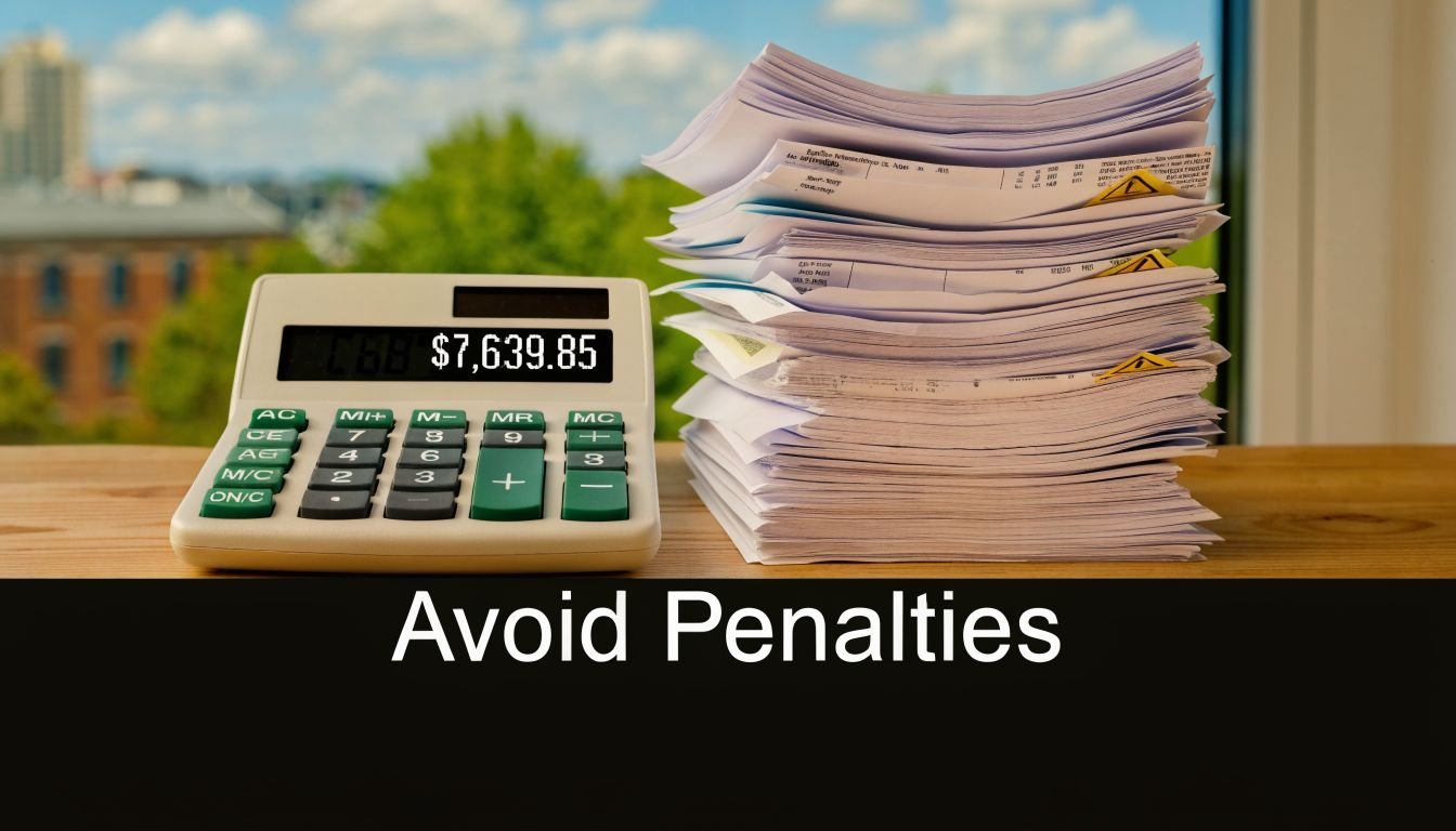 A calculator displaying a tax amount next to a large pile of documents on a desk.