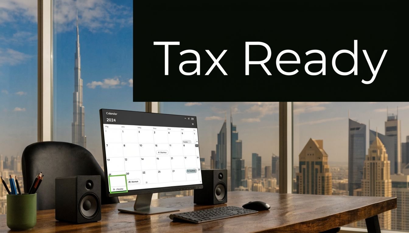 A modern office desk overlooking the Dubai skyline with a calendar display emphasizing tax deadlines.