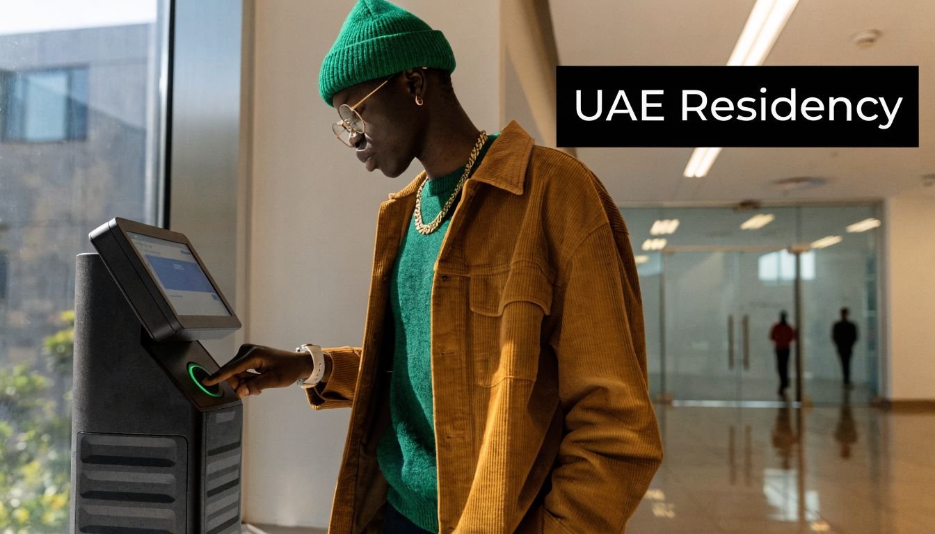 A young man with a green beanie wearing a brown jacket uses a biometric scanning machine.